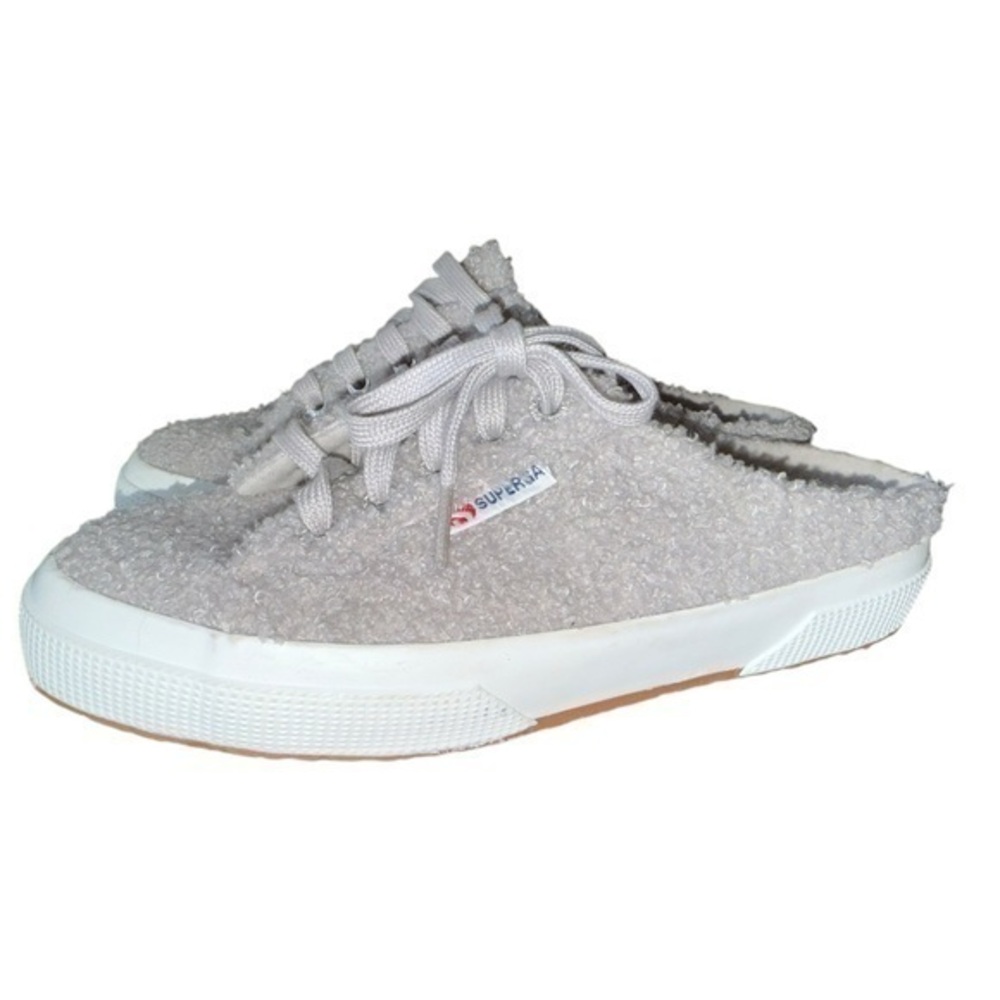 New ▶️ Supgerga ◀️ Slip-On Gray Faux Shearling Lace Up Mule Sz 38 7.5